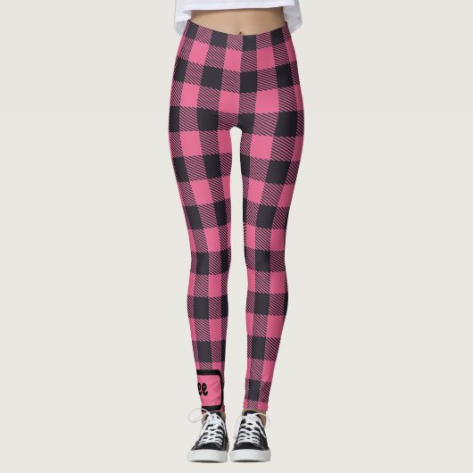 Naam Monogram Roze & Zwarte Buffel Plaid | Leggings (Voorkant)