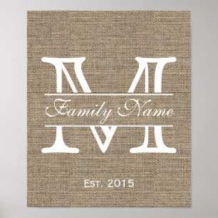 Naam monogram Rustic Burlap Poster