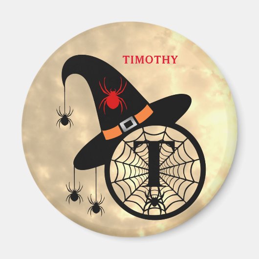 Naam Monogram T Halloween Sky Witch Spiders Magneet (Voorkant)