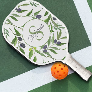 Naam Monogram Waterverf Olijfpatroon Pickleball Paddle