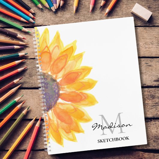 Naam Monogram Waterverf Zonnebloemzakboek Notitieboek