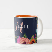 Naam Navy Boho Flowers & Monogram Tweekleurige Koffiemok (Voorkant rechts)