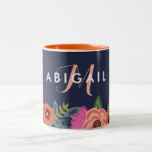 Naam Navy Boho Flowers & Monogram Tweekleurige Koffiemok (Center)