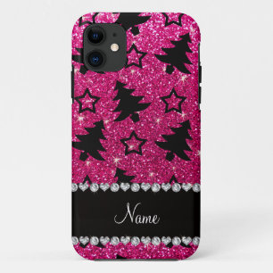 Naam neon hot roze glitter kerstbomen sterren iPhone 11 hoesje