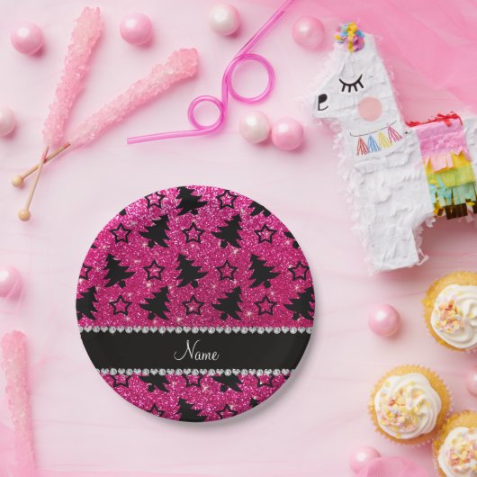 Naam neon hot roze glitter kerstbomen sterren papieren bordje (Feest)