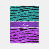 Naam neon paarse turquoise glitter zebra stripes fleece deken (Voorkant)