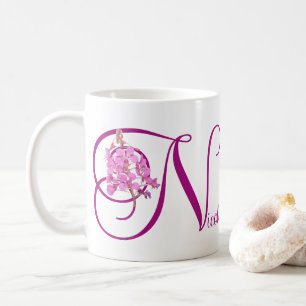 naam Nicole roze floral monogram Koffiemok