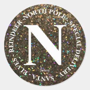 Naam Noordpool Santa Delivery Gold Glitter 2 Ronde Sticker