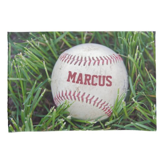 Naam op een honkbal in gras kussensloop (Voorkant-Rechts)