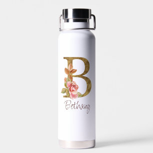 Naam op maat Goud Folie Blush Roze Rozen Letter B Waterfles