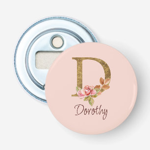 Naam op maat goud folie blush roze rozen letter D Button Flesopener