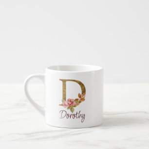 Naam op maat Goud Folie Blush Roze Rozen Letter D Espresso Kop