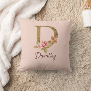 Naam op maat Goud Folie Blush Roze Rozen Letter D Kussen