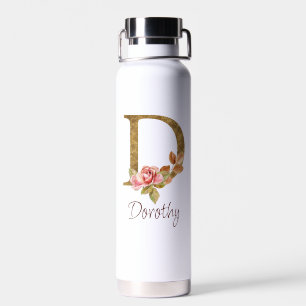 Naam op maat goud folie blush roze rozen letter D Waterfles