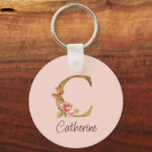 Naam op maat gouden folie Blush roze rozen letter  Sleutelhanger (Voorkant)