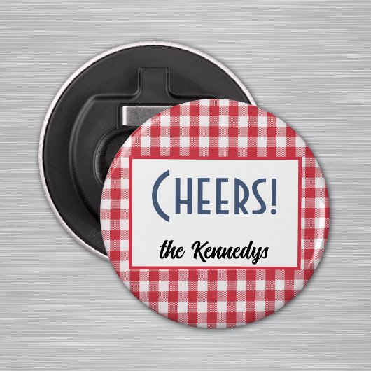 Naam op Rood & Wit Controleer "Proost!" Magneet Button Flesopener