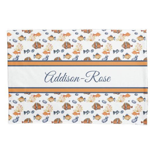 Naam Oranje White Tropical Fish Pattern Nursery Kussensloop (Voorkant)