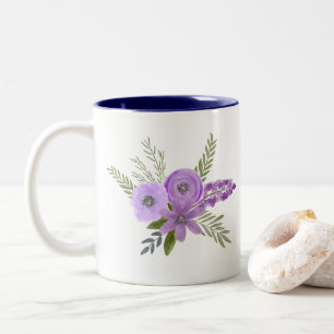 Naam + Paarse lavender Waterverf Floral Flowers Tweekleurige Koffiemok