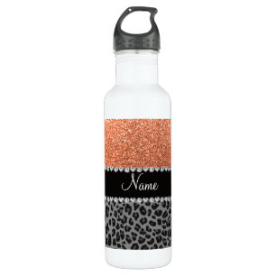 Naam pastel oranje glitter zwarte leopard waterfles 