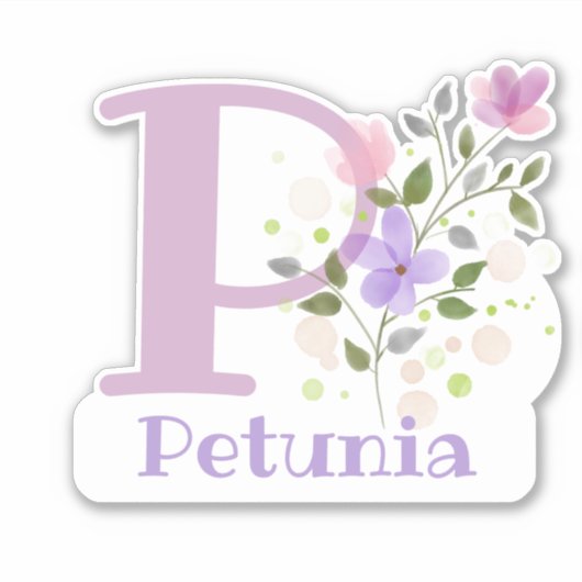 Naam Petunia & Initiaal met Floral Design Sticker (Voorkant)
