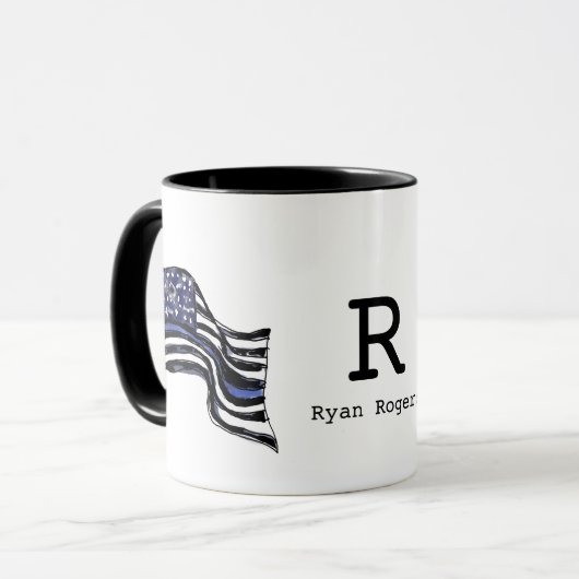 Naam politiemonogram met blauwe lijn Amerikaanse v Mok (Voorkant links)