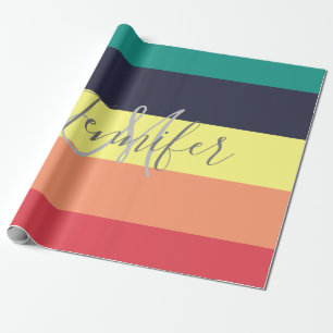 Naam primaire regenboogkleurblok Stripe Monogram Cadeaupapier