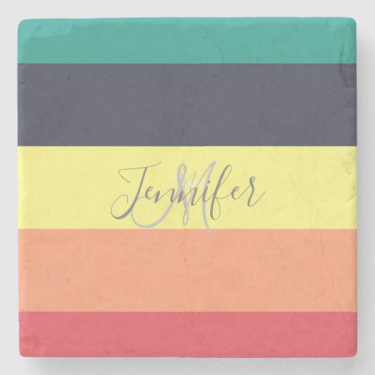 Naam primaire regenboogkleurblok Stripe Monogram Stenen Onderzetter (Voorkant)