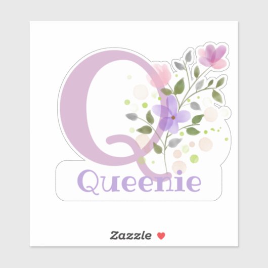 Naam Queenie & Initiaal met Floral Design Sticker (Vel)