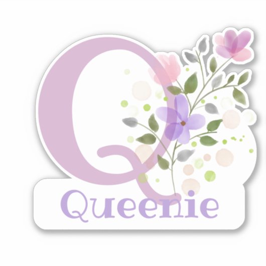 Naam Queenie & Initiaal met Floral Design Sticker (Voorkant)