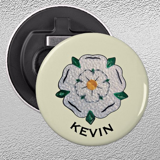 Naam, Quilled Yorkshire White Rose Magnet Button Flesopener