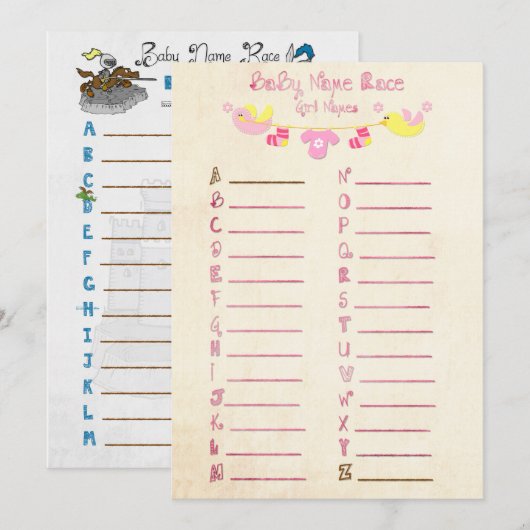 Naam Race Baby shower Game Kaarten (Voorkant / Achterkant)