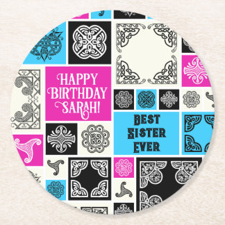 Naam & Relatie Verjaardag Magenta & Blauw toevoege Ronde Kartonnen Onderzetter