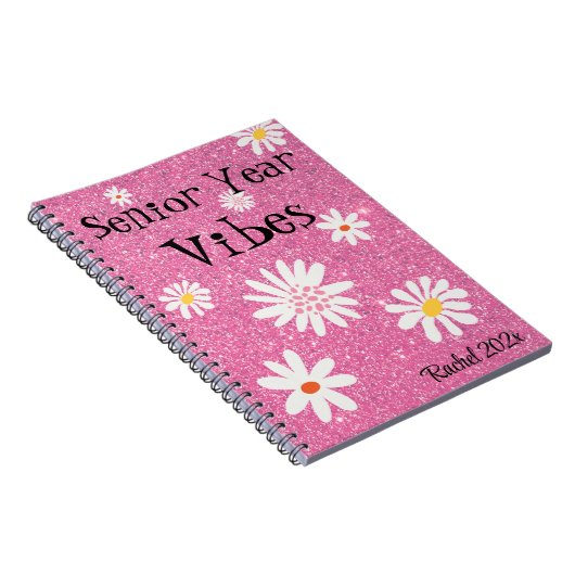 Naam, Retro Sparkly Hot Pink Senior Jaar Vibes Notitieboek (Rechterzijde)