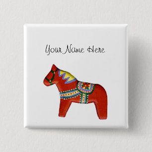 Naam rode Dala-paard Vierkante Button 5,1 Cm