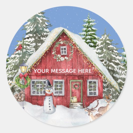 Naam rode landhuis Sneeuwkerstscène Ronde Sticker (Voorkant)