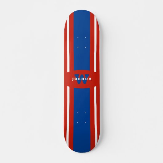 Naam rode witte blauwe strepen skateboard (Voorkant)