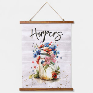 Naam rode witte en blauwe familie hangend wandkleed