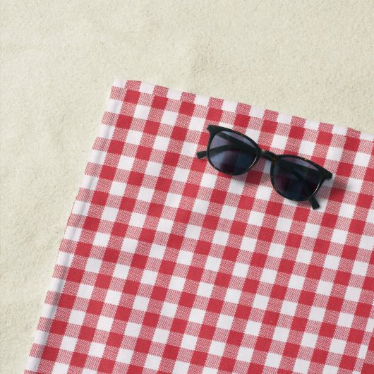 Naam, Rood & Wit Buffalo Check, Blauw Denim Pool - Strandlaken (In situ)