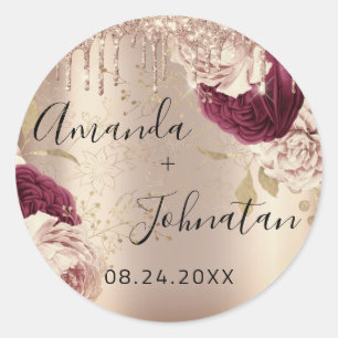 Naam Save The Date  Gouden druppels Rozen Bloemen Ronde Sticker