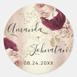 Naam Save The Date Roze Goud Bloemen Ronde Sticker