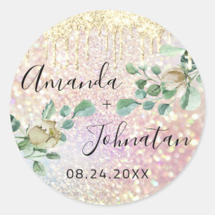 Naam Save The Date Zilveren Drips Mint Glitter Roo Ronde Sticker
