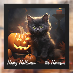 Naam, Schattigee kitten, pompoen, Happy Halloween  Raamsticker