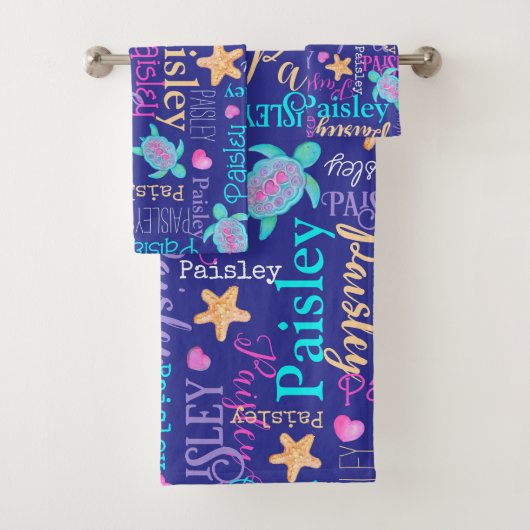 Naam schildpad zeester patroon roze blauw aqua kor bad handdoek (Insitu)