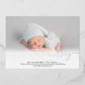 Naam script foto baby geboorte aankondiging zilver (Voorkant)