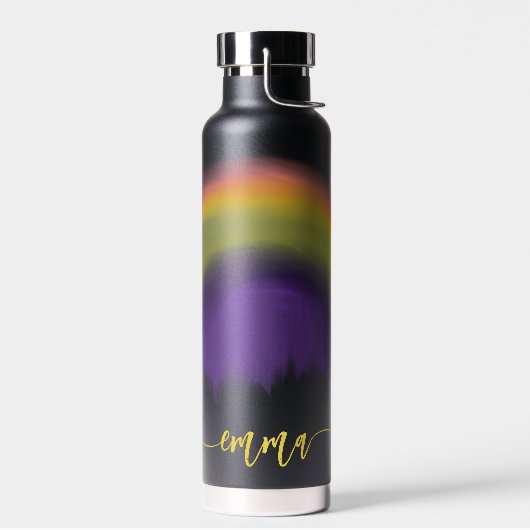Naam script kleurrijke regenboog zwart waterfles (Links)