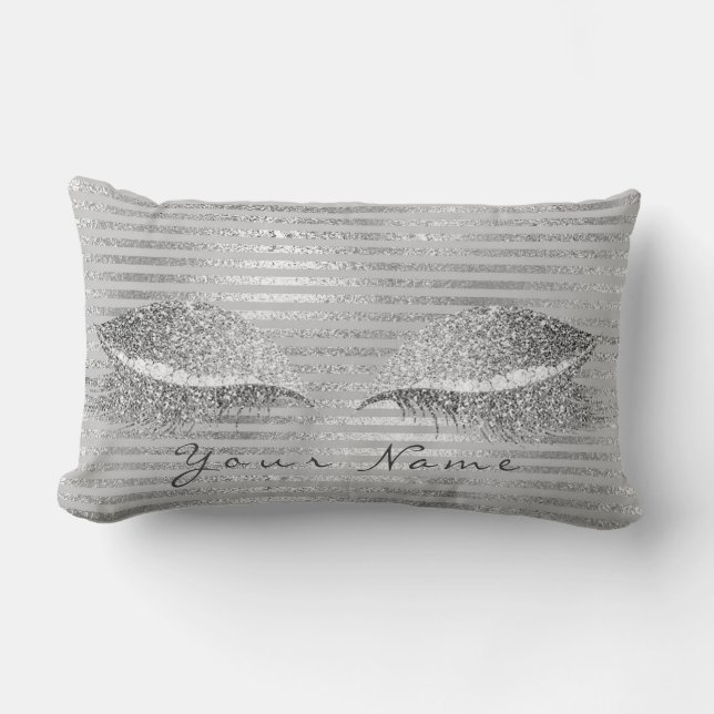 Naam Silver Glitter Stripes Diamond Makeup White Kussen (Voorkant)