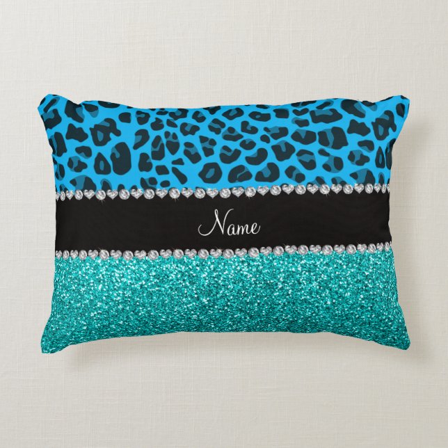 Naam sky blue leopard turquoise glitter decoratief kussen (Voorkant)