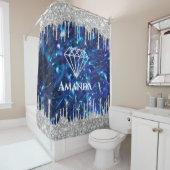 Naam Sparkly Glitter Drift Silver Navy Blue Bride Douchegordijn (In situ)