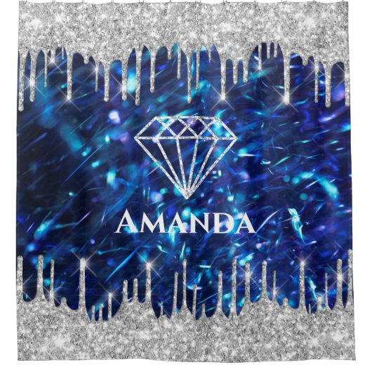 Naam Sparkly Glitter Drift Silver Navy Blue Bride Douchegordijn (Voorkant)