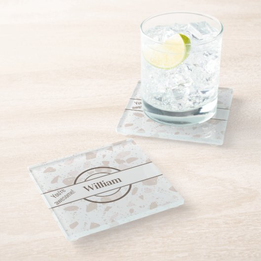 Naam, Subtiel Tan & Beige Terrazzo Patroon Glazen Onderzetter (Schuin)